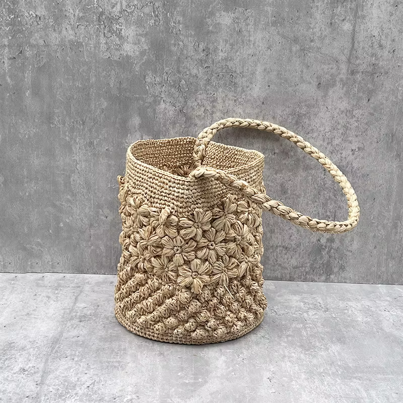 Sacs de plage bohème en raphia pour femmes, sac seau de luxe en paille à fleurs, sac à main de voyag