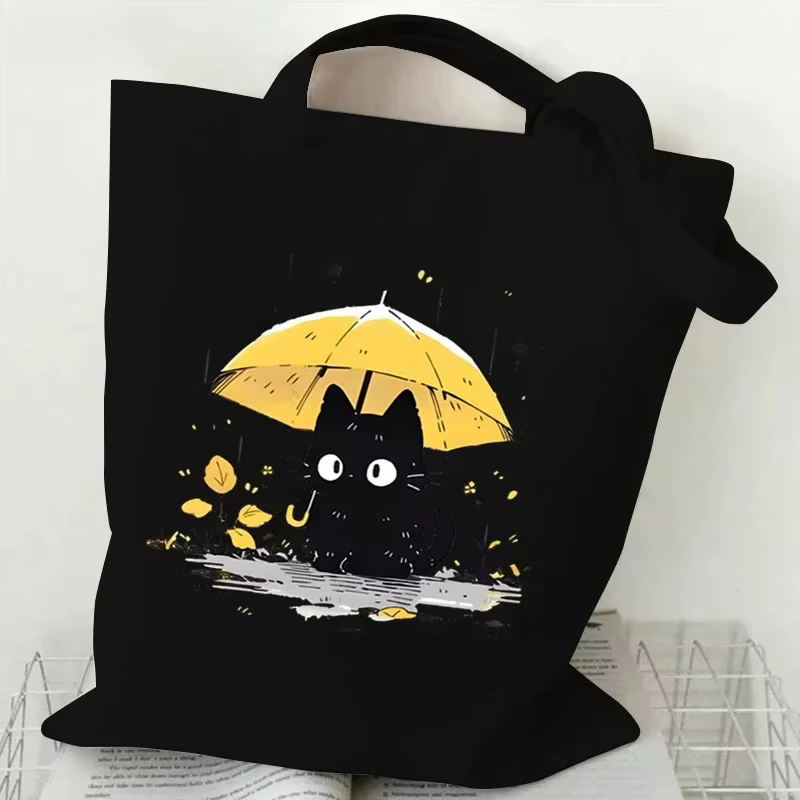 Sac fourre-tout en toile imprimé chat, motif chat de dessin animé mignon, sac à bandoulière pour les