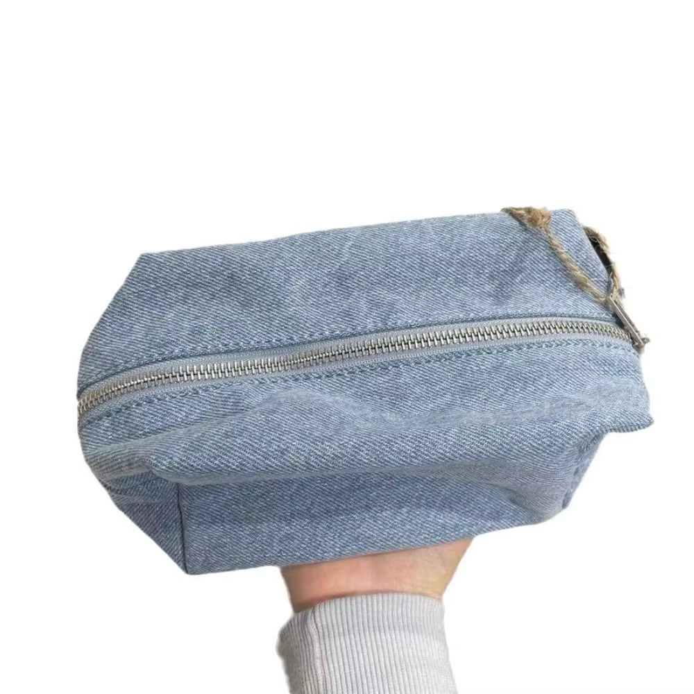 Sac de maquillage en Denim bleu de couleur unie, sacs à cosmétiques en Jean à fermeture éclair de St