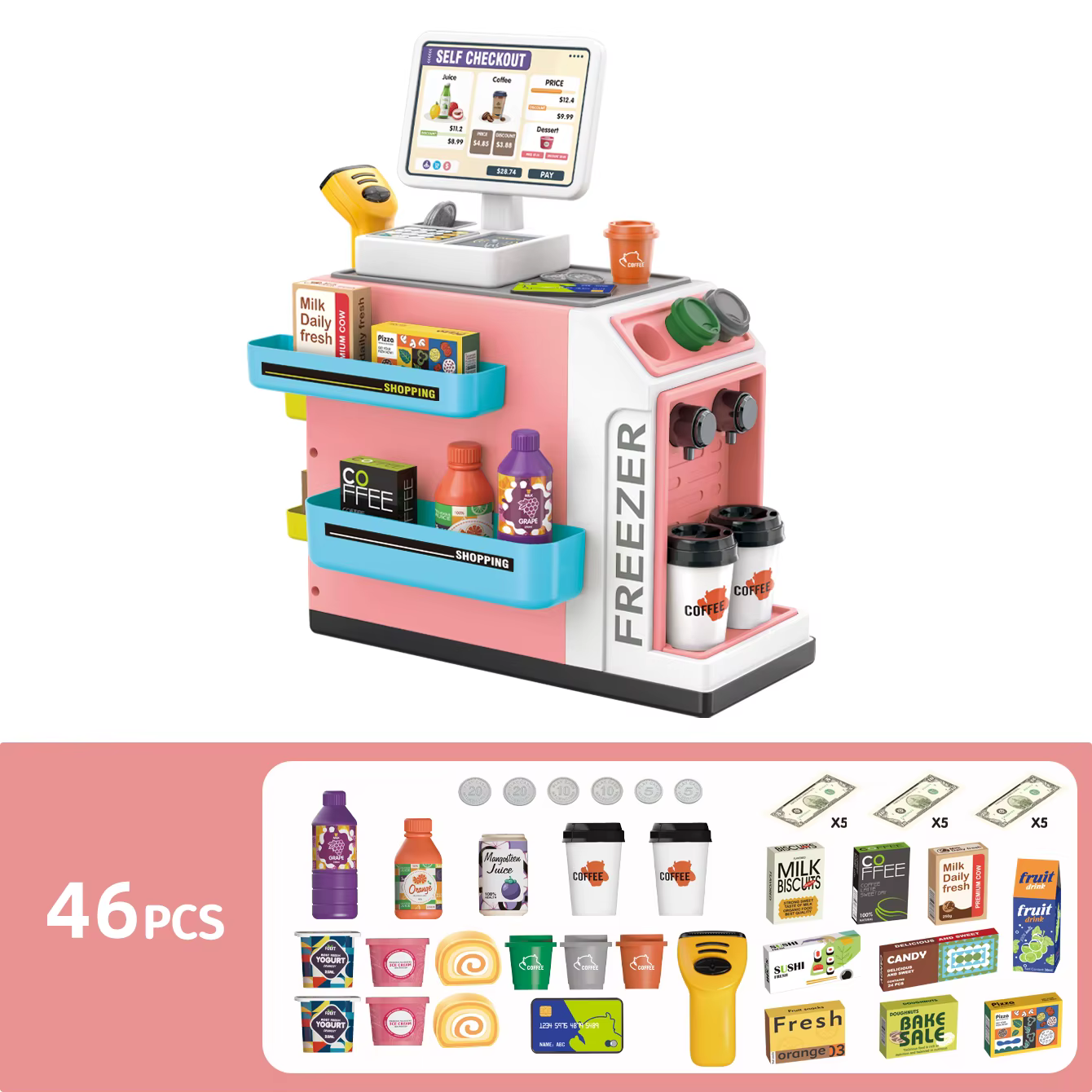 Mini-équipement de jeu d'imitation pour enfants : Comptoir de supermarché et distributeur de café