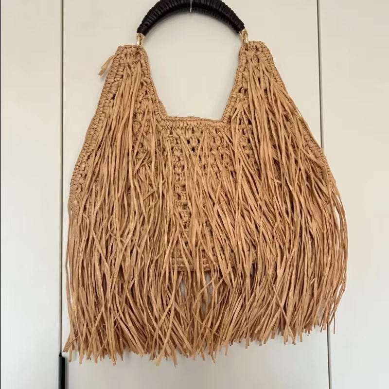 Sac fourre-tout bohème vintage à pompons, tissé à la main, léger, respirant, grande capacité, avec p