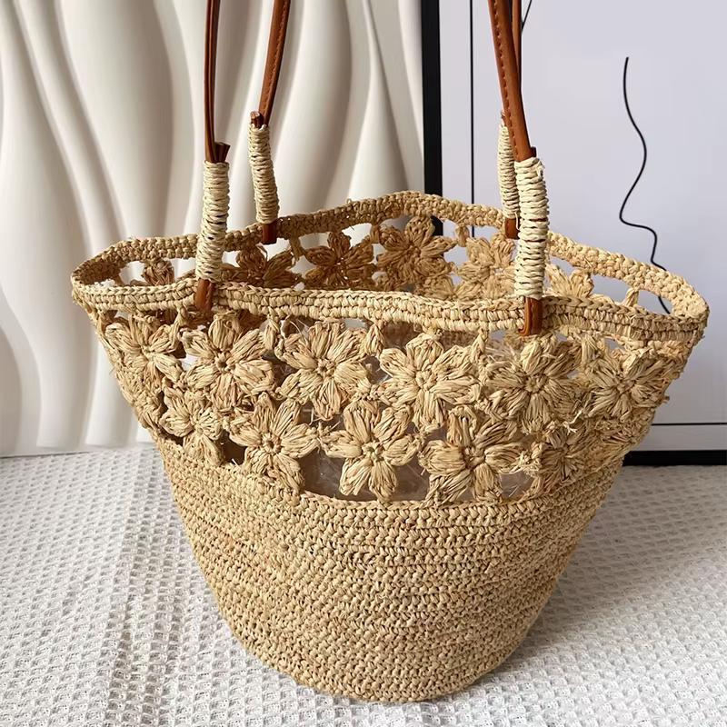 Sac fourre-tout en raphia crocheté à la main, style bohème, pour l'été, la plage, avec motif floral 