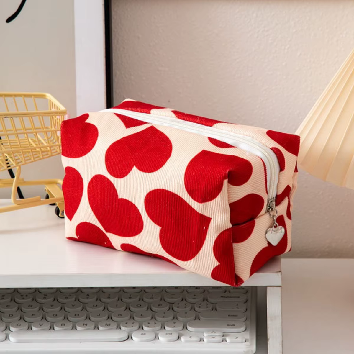 Sac de maquillage à motif de cœur rouge pour femmes, organisateur de cosmétiques de toilette, sac à
