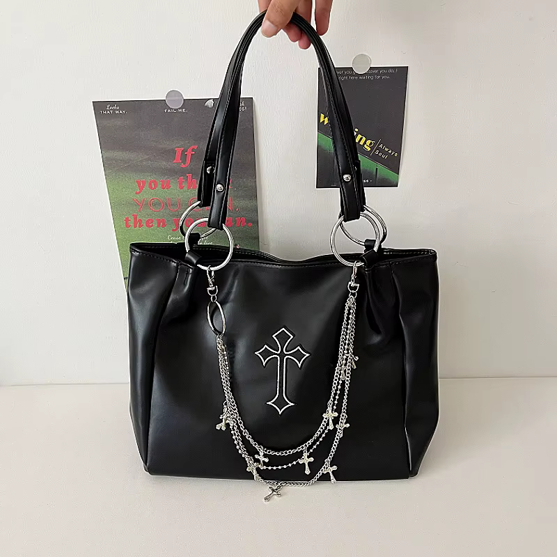 Sac fourre-tout gothique noir de grande capacité pour femmes Y2k, sacs à bandoulière avec chaîne pou