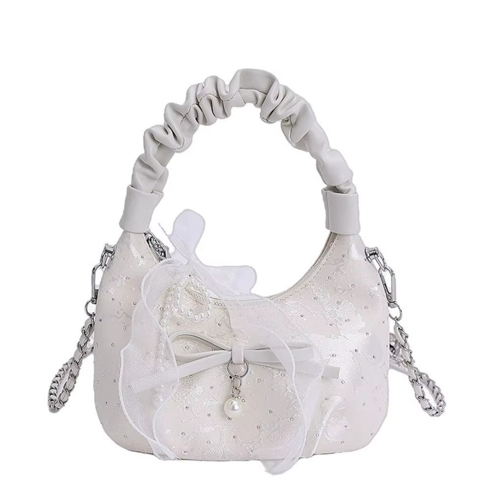 Petit sac plissé élégant avec nœud, bandoulière réglable polyvalente, sac à bandoulière avec rubans,