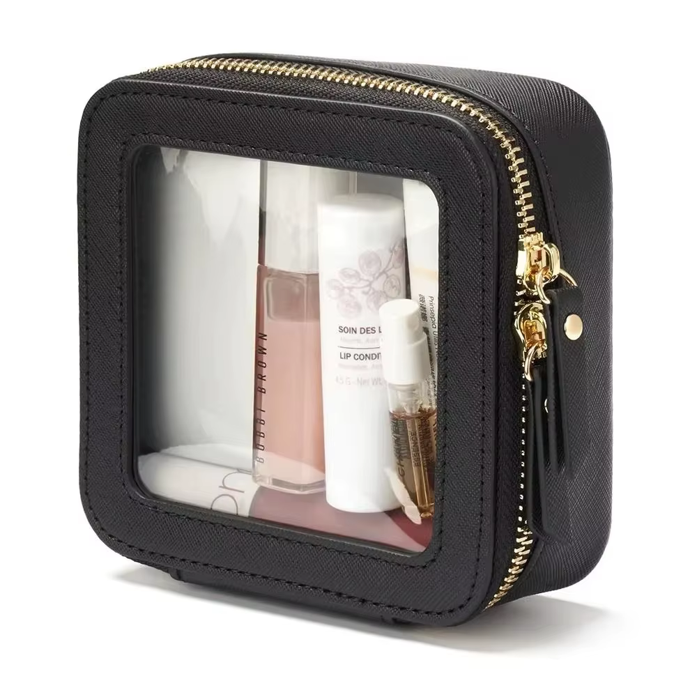 Mini trousse de maquillage transparente en Faux cuir Pu Saffiano végétalien, jolie petite fenêtre Vi