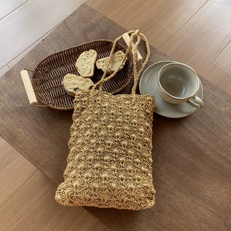 Sac à bandoulière en crochet fait main, couleur unie, design décontracté pour les courses quotidienn