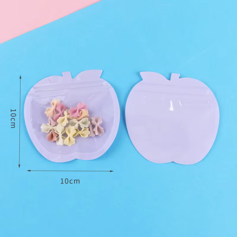 Sac refermable de pommes mignonnes, emballage transparent à fermeture éclair, poudres d'emballage po