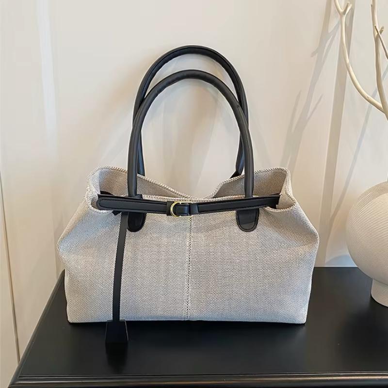 Sac fourre-tout élégant en mélange de lin avec poignées en cuir et détail boucle, sac à main chic à 