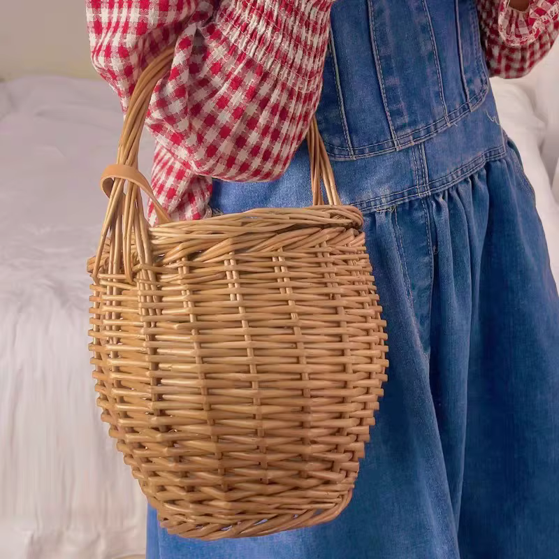 Sac à main tissé en rotin fait à la main, sac seau de pique-nique de campagne, panier à provisions, 