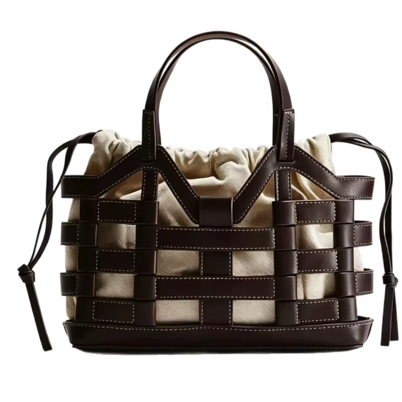 Sac fourre-tout rétro français ajouré tressé avec cordon de serrage, sac intérieur, sac panier de lu