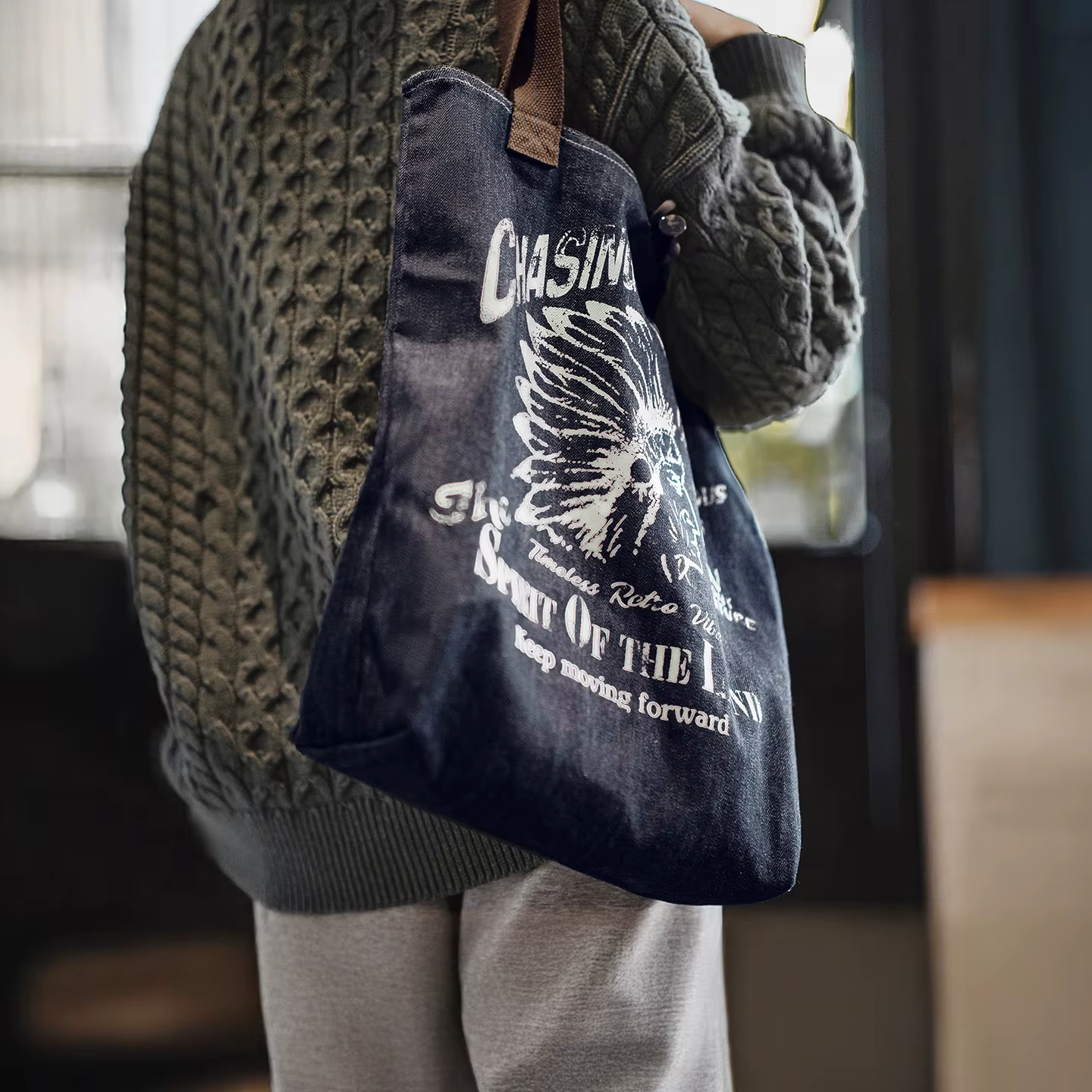 Maden Sac fourre-tout en denim vintage pour femme Grand sac à main à bandoulière décontracté imprimé