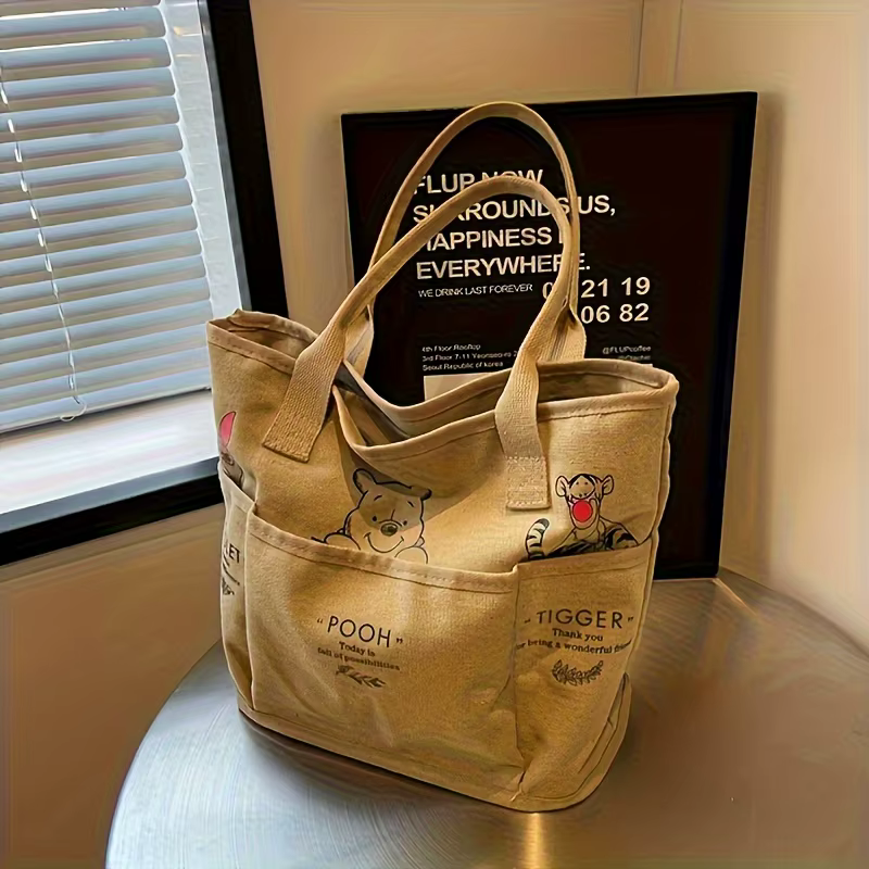 Sac fourre-tout en toile imprimé Winnie l'ourson, sac à bandoulière rétro, grande capacité, multi-po