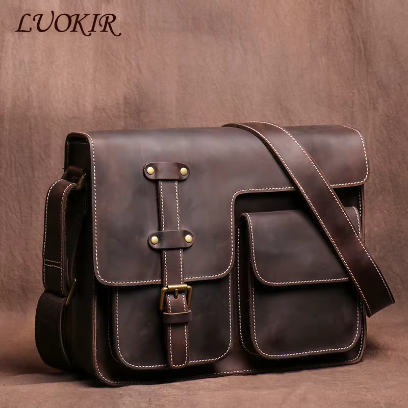 LUOKIR véritable haute qualité Crazy Horse peau de vache épaule sac à bandoulière hommes en cuir de 
