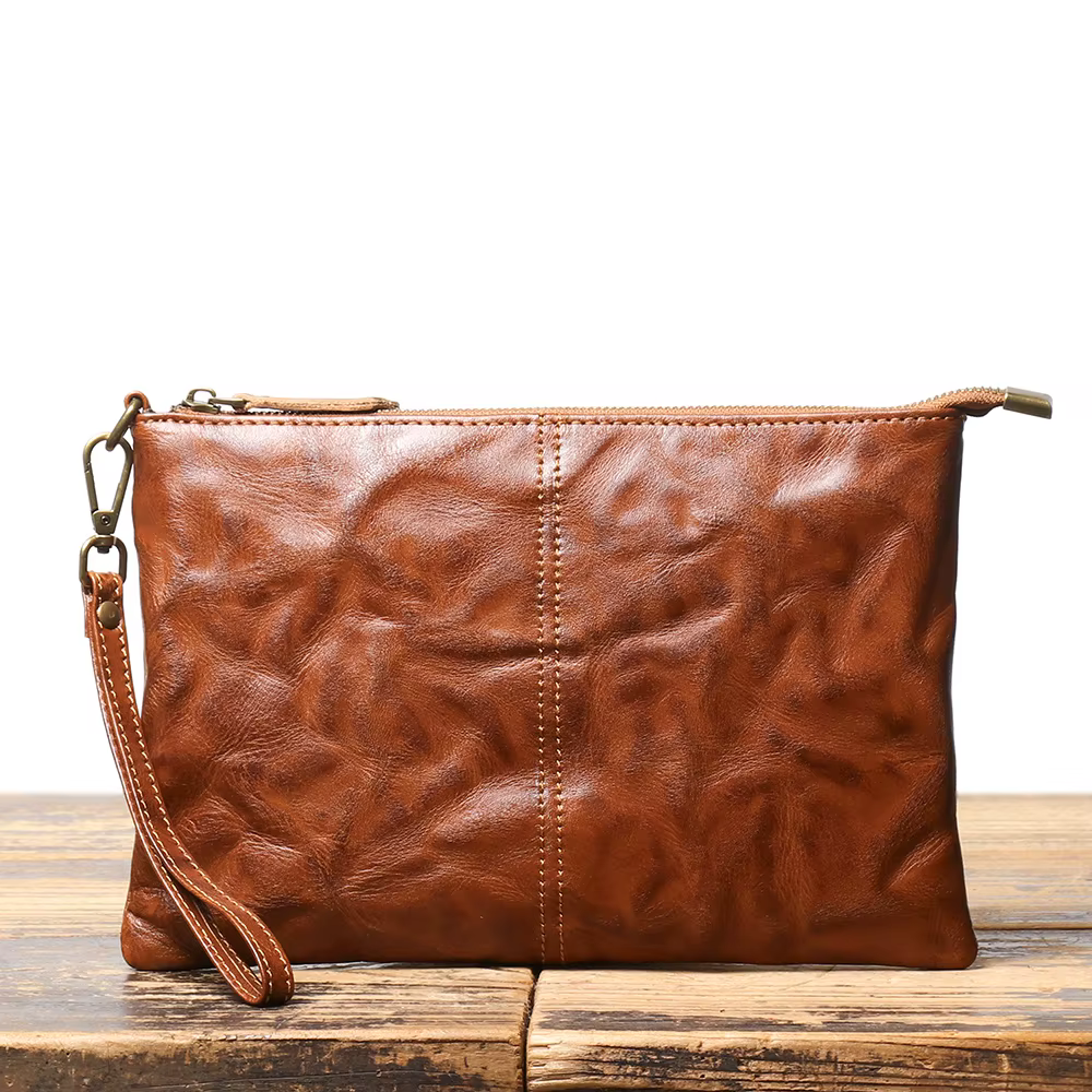 ROOG Portefeuille pochette en cuir vintage intemporel – Cuir véritable luxueux, fermeture éclair séc
