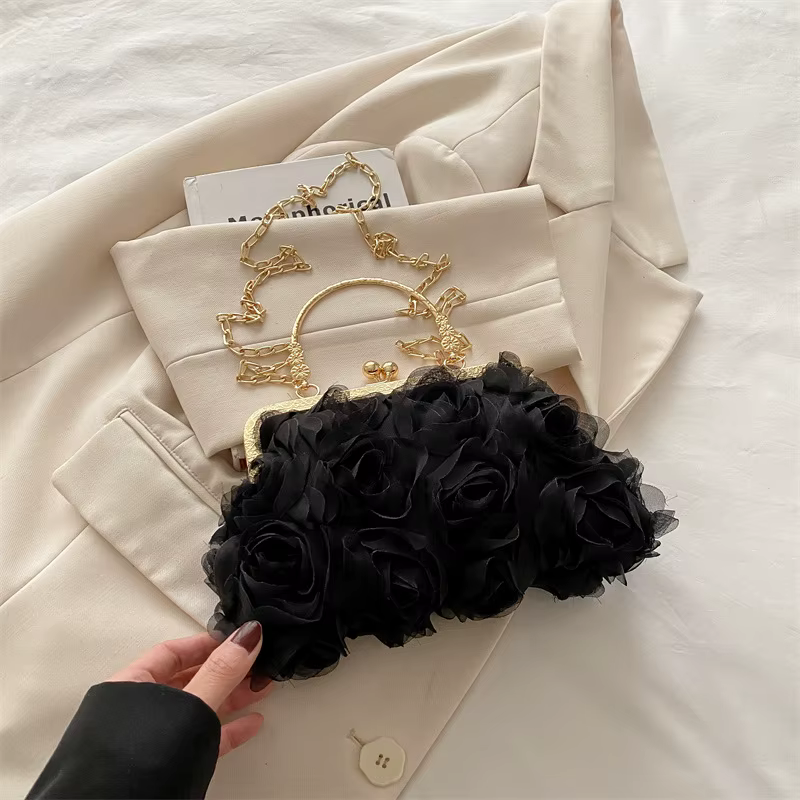 Sac à main de dîner en mousseline de soie à fleurs 3D, sac à bandoulière de fête de décoration de ch
