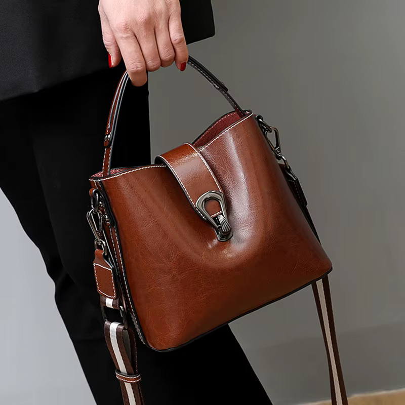 Sac seau en cuir véritable ciré d'huile pour femmes, sac à main décontracté et Simple, grande capaci