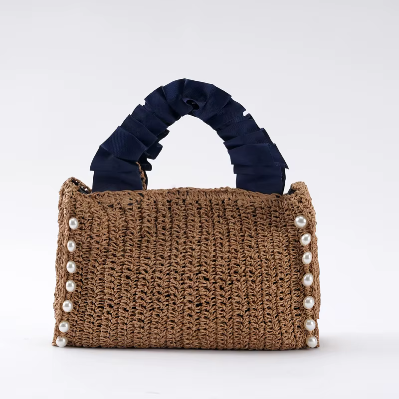 Sacs à main en paille pour femmes, style bohème, avec poignée froncée, fourre-tout tissé, fait-main,