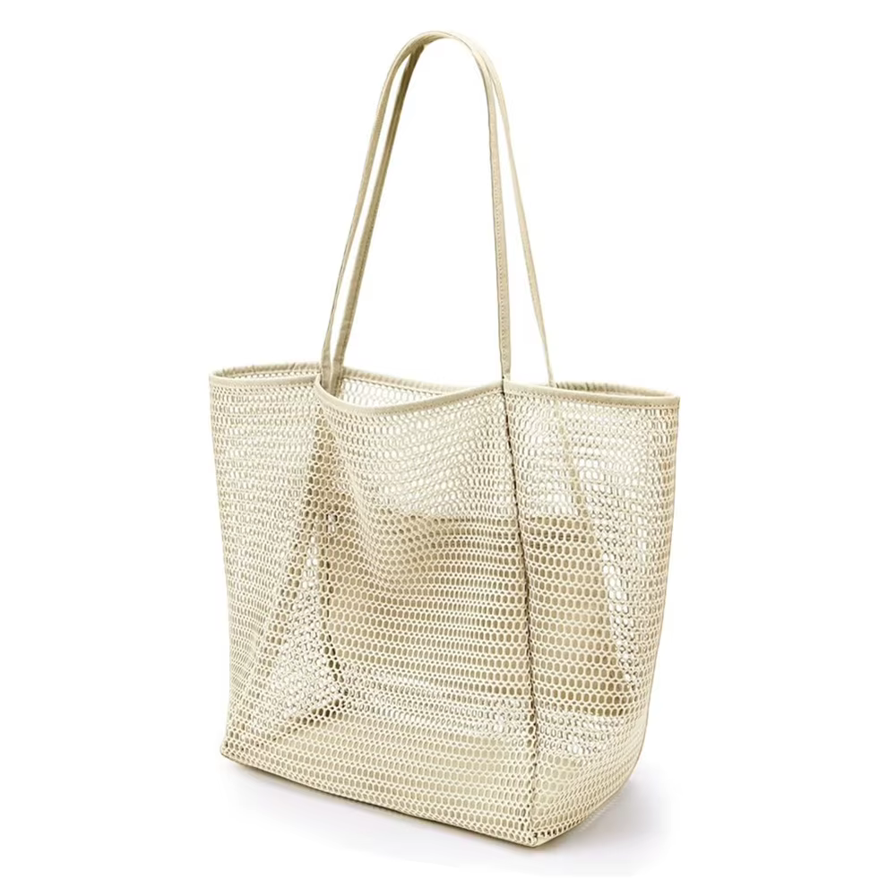 Grand sac de plage en maille pour femme, sac à bandoulière en polyester tissé durable avec dessus ou