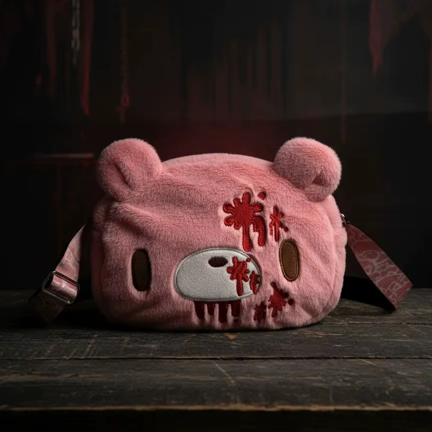 Sac à bandoulière en peluche ours rose Goth Pastel, sac à bandoulière brodé sanglant de Style foncé 