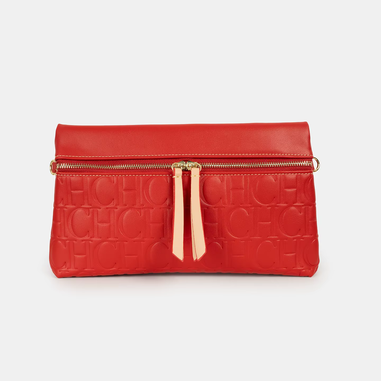 Sac bandoulière vintage CH en cuir PU rouge, avec lettres CH embossées, double fermeture éclair, pou