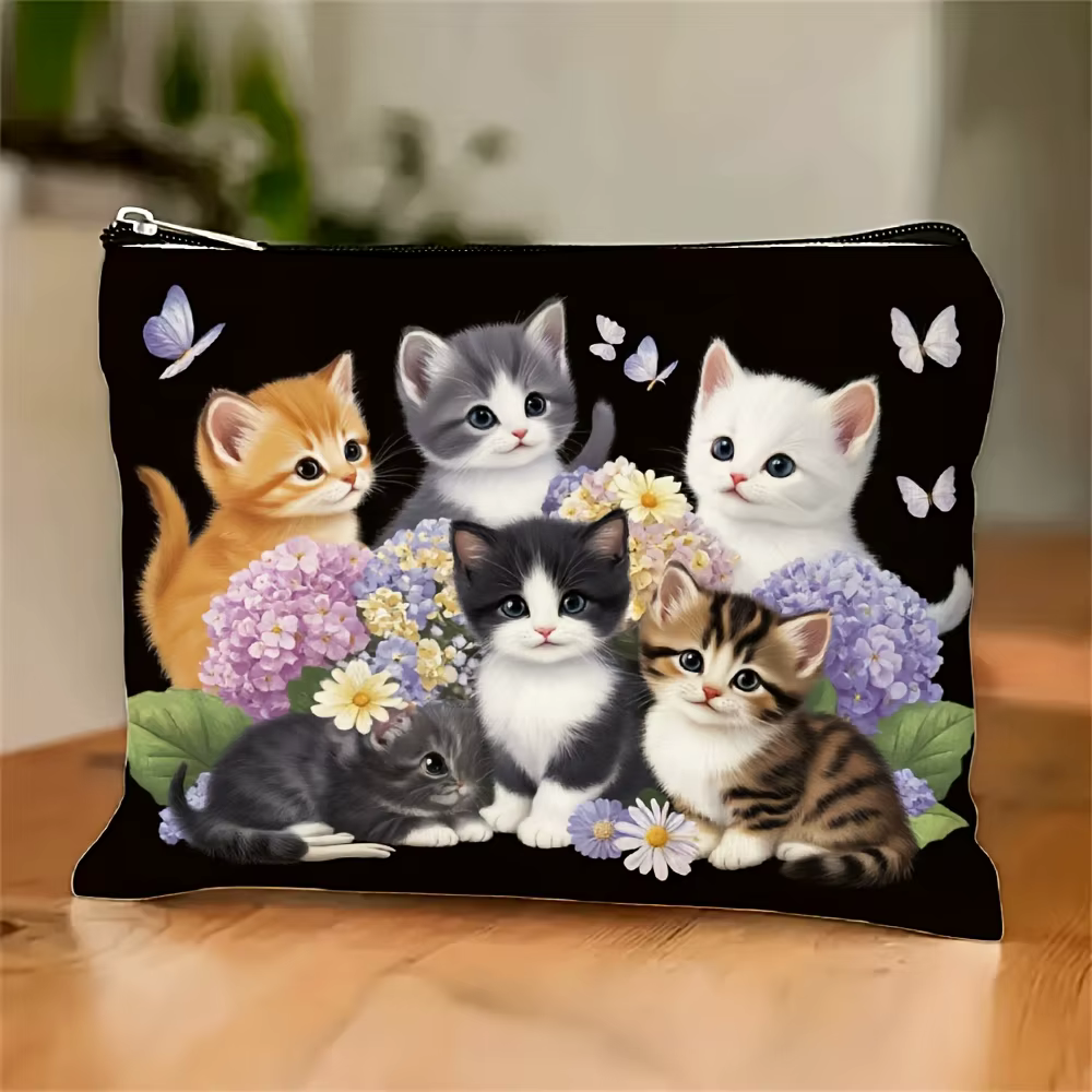 Un sac de maquillage imprimé chat-sac à fermeture éclair multifonctionnel mignon, sac de rangement d