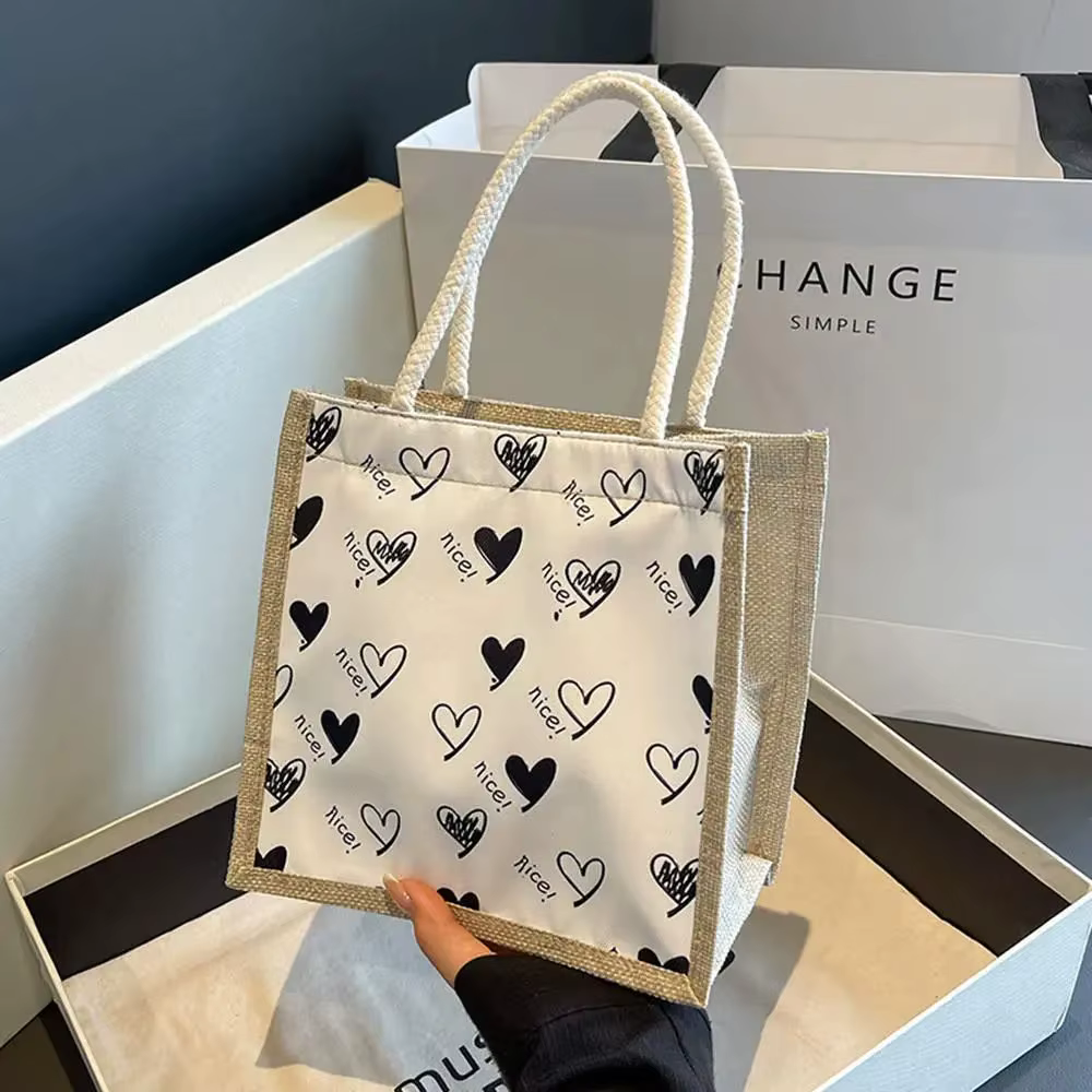 Sac fourre-tout en lin à fermeture éclair, motif floral, grande capacité, motif cœur, sac cadeau, sa
