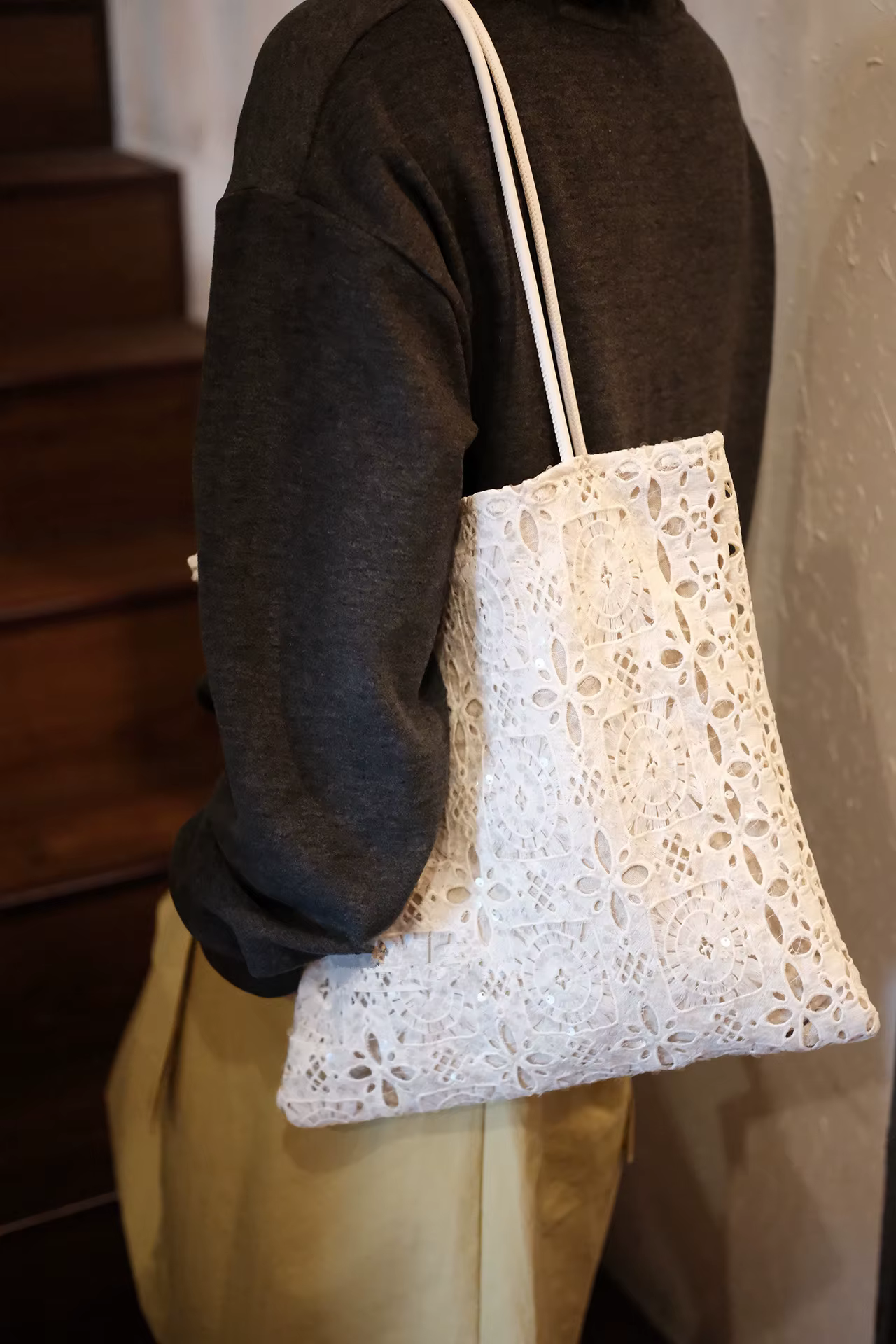 Sac à main blanc en dentelle à sequins, grande capacité, sac fourre-tout pour trajets quotidiens, sa