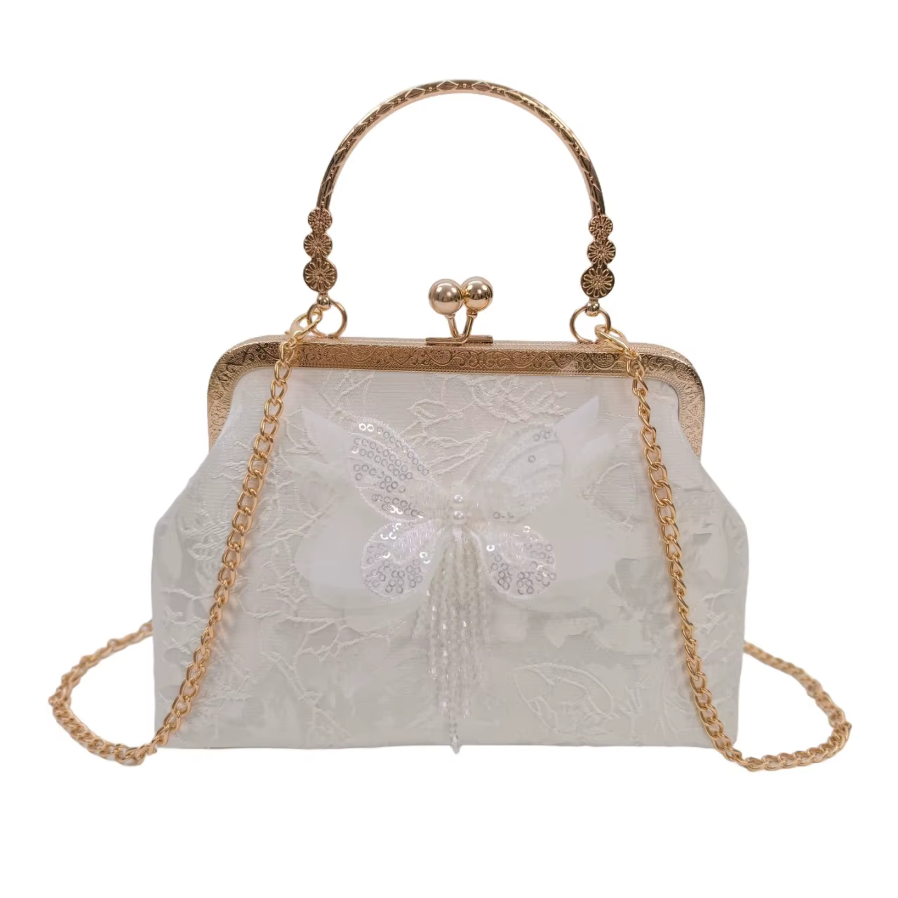 Pochette brodée papillon style chinois, sac à main vintage en dentelle avec fermoir Kiss Lock, sac d
