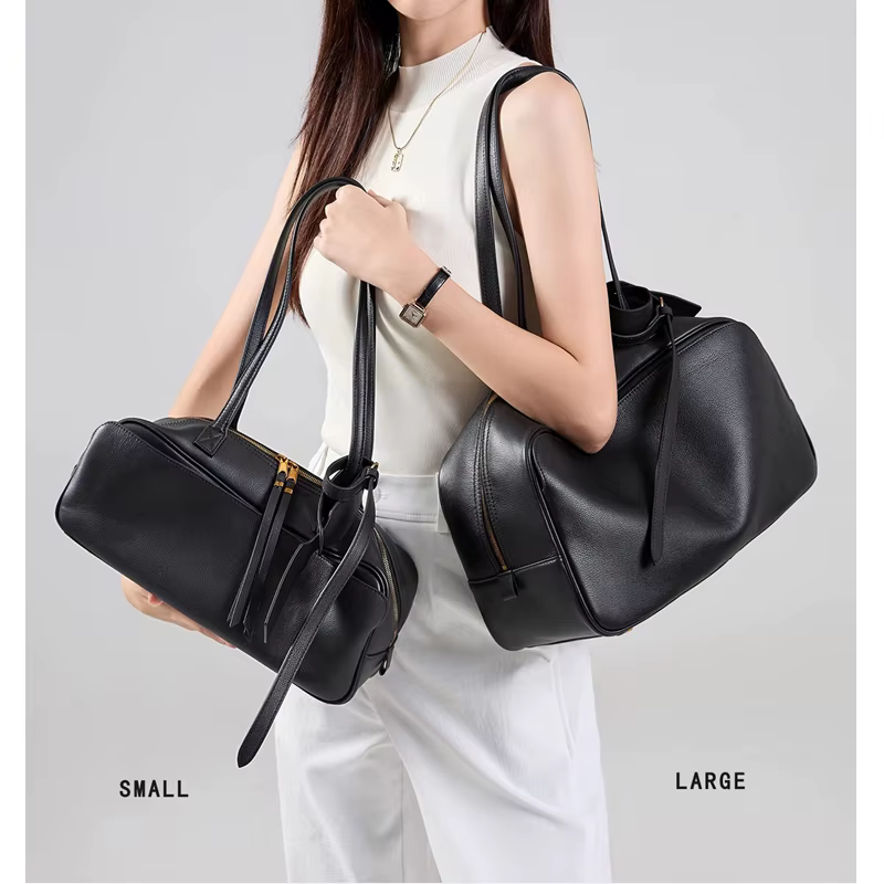 Sac d'oreiller en cuir véritable pour femmes, version haute, sac de bowling en cuir de vache à premi
