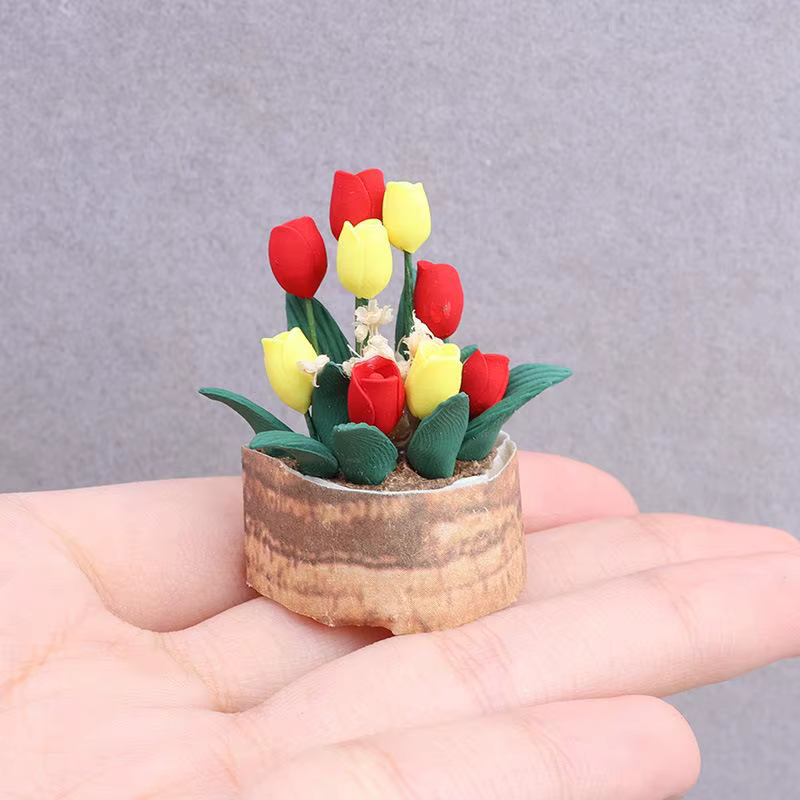 Mini-plante, 2 pots de tulipes décoratifs pour maison de poupée, pour aménagement de jardin miniatur