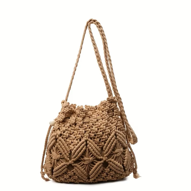 Sac seau bohème en macramé fait main, sac à bandoulière tissé avec cordon de serrage, sac de plage d