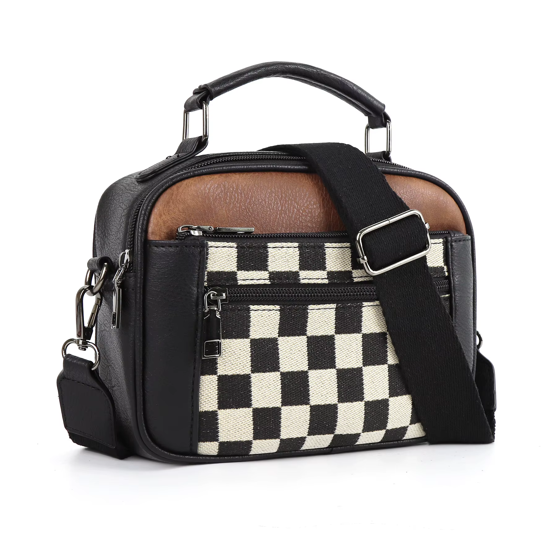 Sac à main en toile à carreaux en PU pour femmes, avec double fermeture éclair, poignée supérieure,