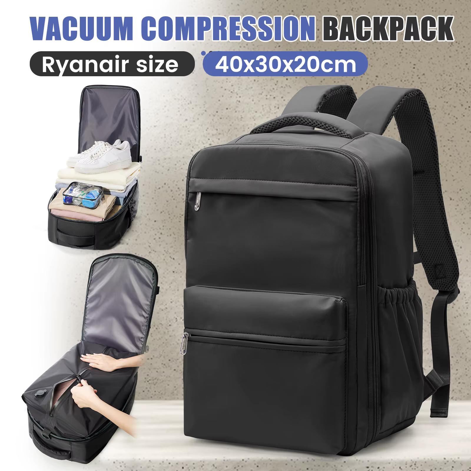 Ryanair 40x30x20 sac à dos de voyage sac à dos de compression sous vide avec pompe, sac de cabine Wi