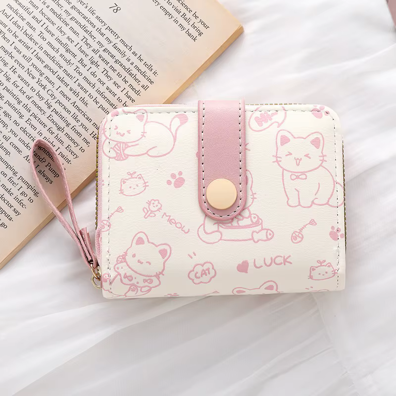 Portefeuilles chat mignon pour femmes, porte-cartes, petits sacs à main avec poche à monnaie zippée,