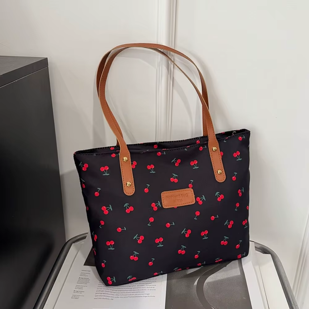 Sac à bandoulière grande capacité, design tendance, sac fourre-tout imprimé cerises, style polyvalen