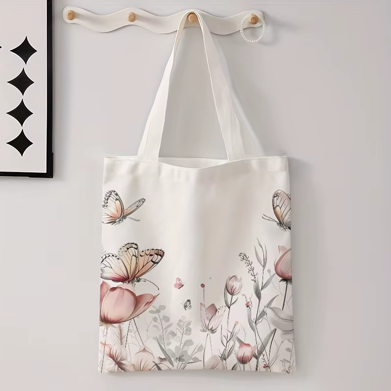 Sac fourre-tout en toile à imprimé floral papillon, adapté à un usage quotidien, aux courses, à l'éc