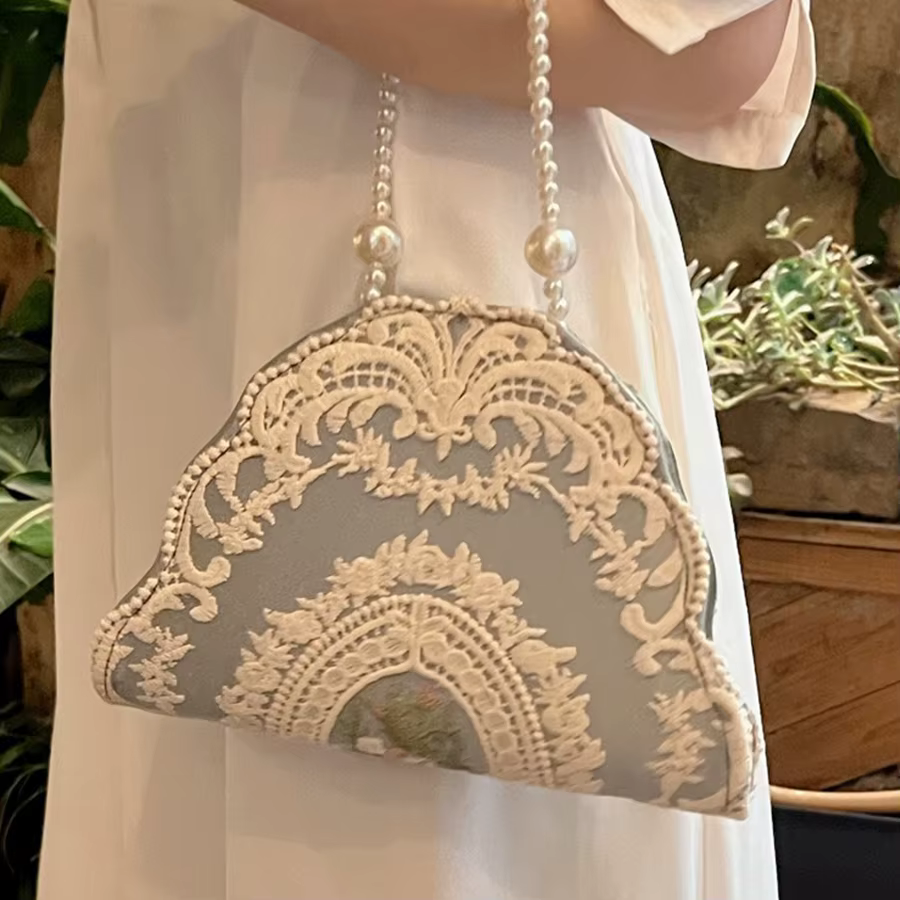 Sac à main Vintage en dentelle irrégulière pour femmes, sac à chaîne de perles, broderie patchwork,