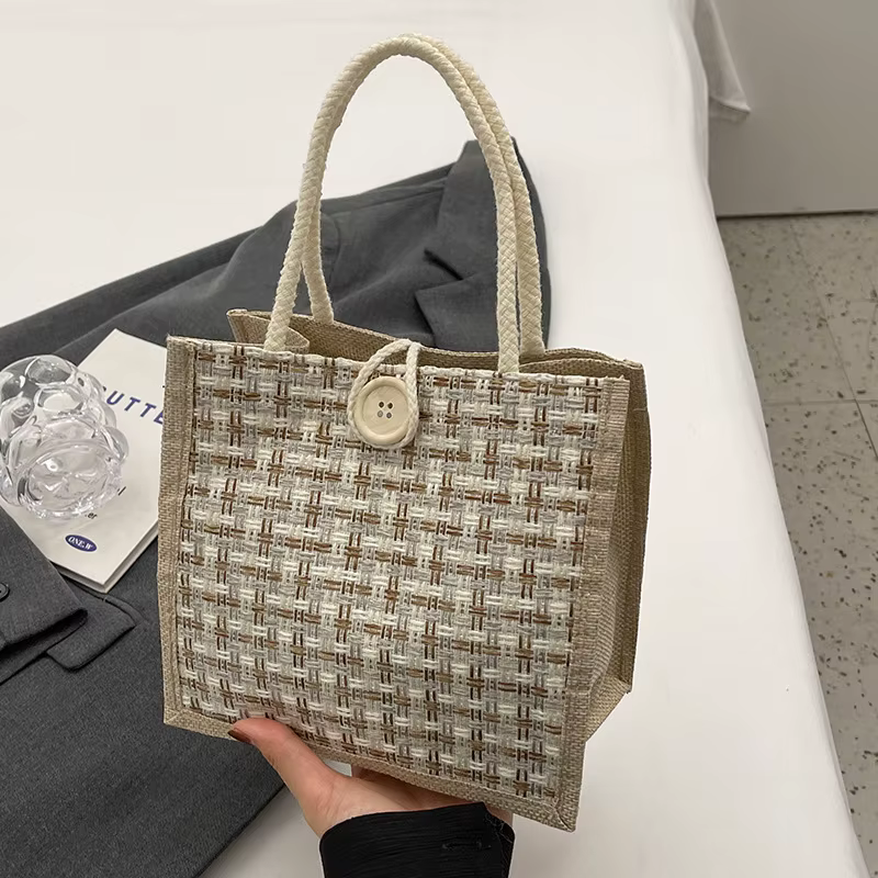 Sac à main en lin tissé pour dames, fourre-tout en jute, sac à déjeuner d'épicerie portable, grande