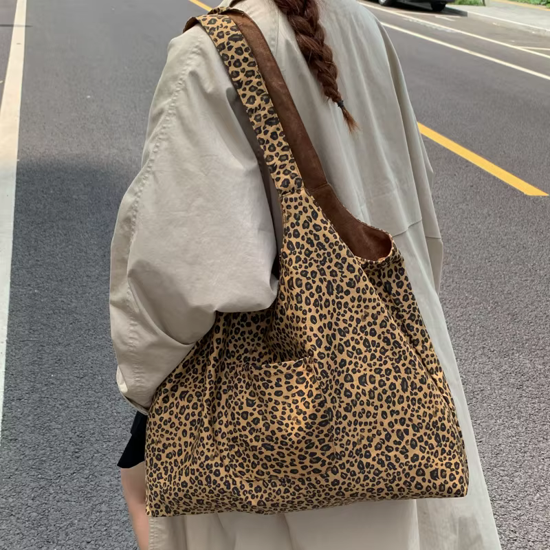 Sac à bandoulière imprimé léopard pour femmes, sac fourre-tout rétro en daim double face, sac à main