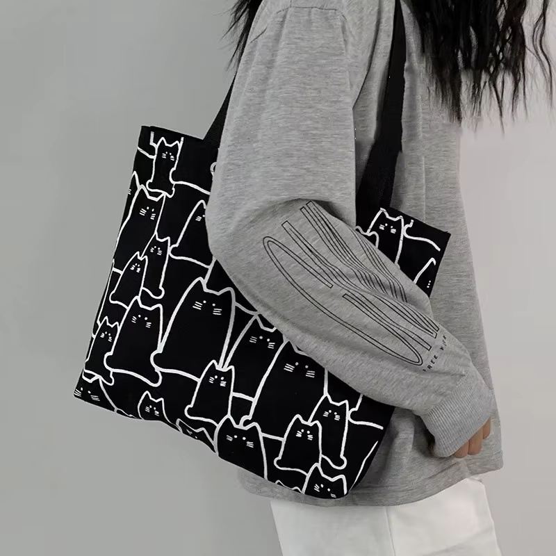 Sacs en toile sac à main pour femmes Shopper mignon chat sac fourre-tout avec fermeture éclair sac d