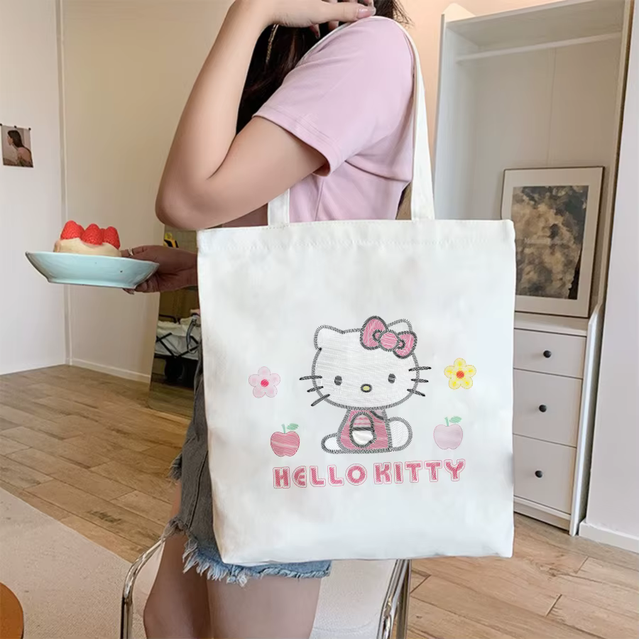 Sac fourre-tout Kawaii Hello Kitty - Sac à main en toile sur le thème des pastels, accessoire tendan