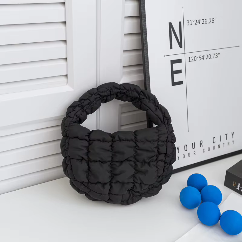 Sac à main tendance en nylon rembourré, sac à main mini puffer, sac à main rond matelassé, élégant, 