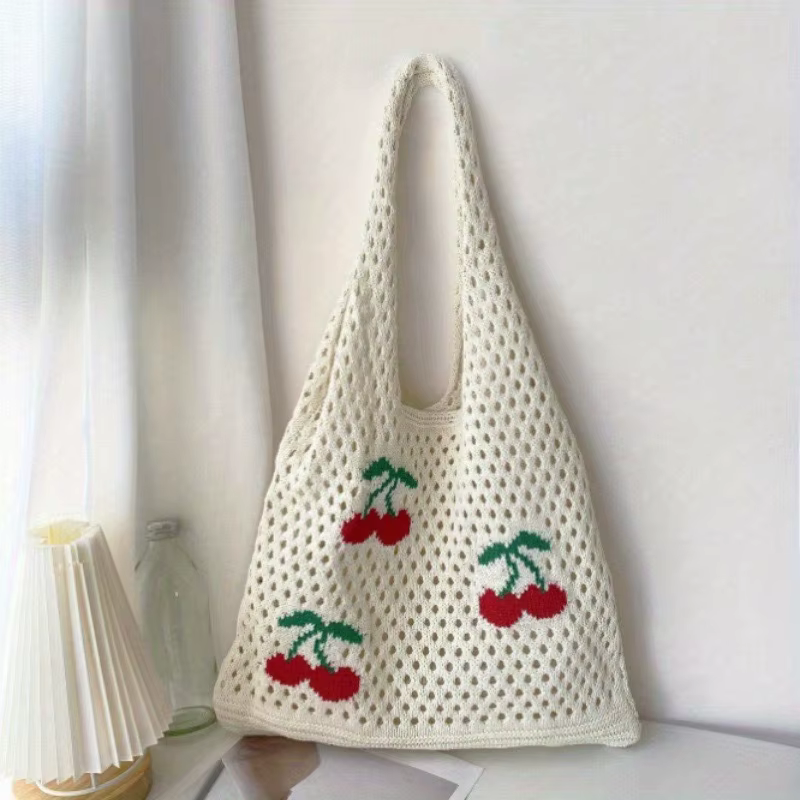 Sac à main en tricot ajouré motif cerise, grande capacité, sac fourre-tout à bandoulière pour femme