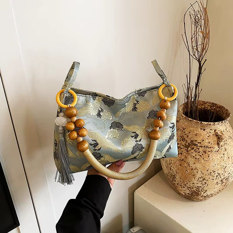 Sacs à main pour femmes de style rétro de mode chinoise ; Brodé avec des pompons, sacs à bandoulière