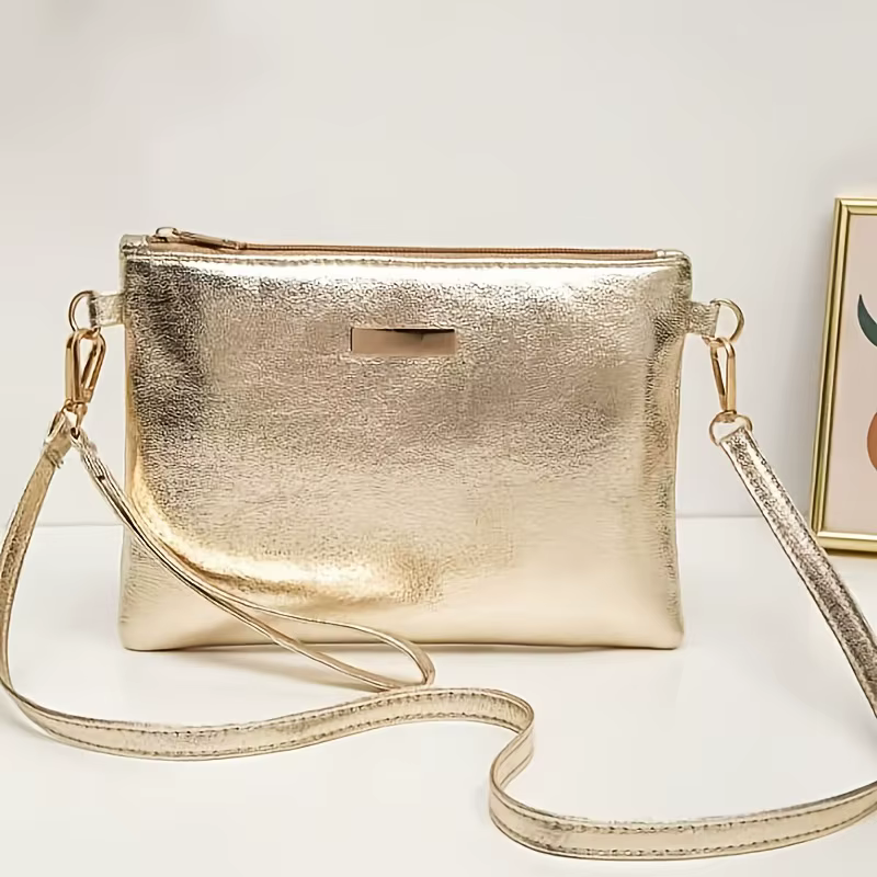 Sac à bandoulière élégant doré brillant, fermeture à glissière réglable, sacs à bandoulière rétro dé
