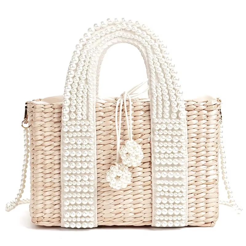 Sac à main en paille perlée pour femme, grand fourre-tout, sac messager à bandoulière, sacs à main e