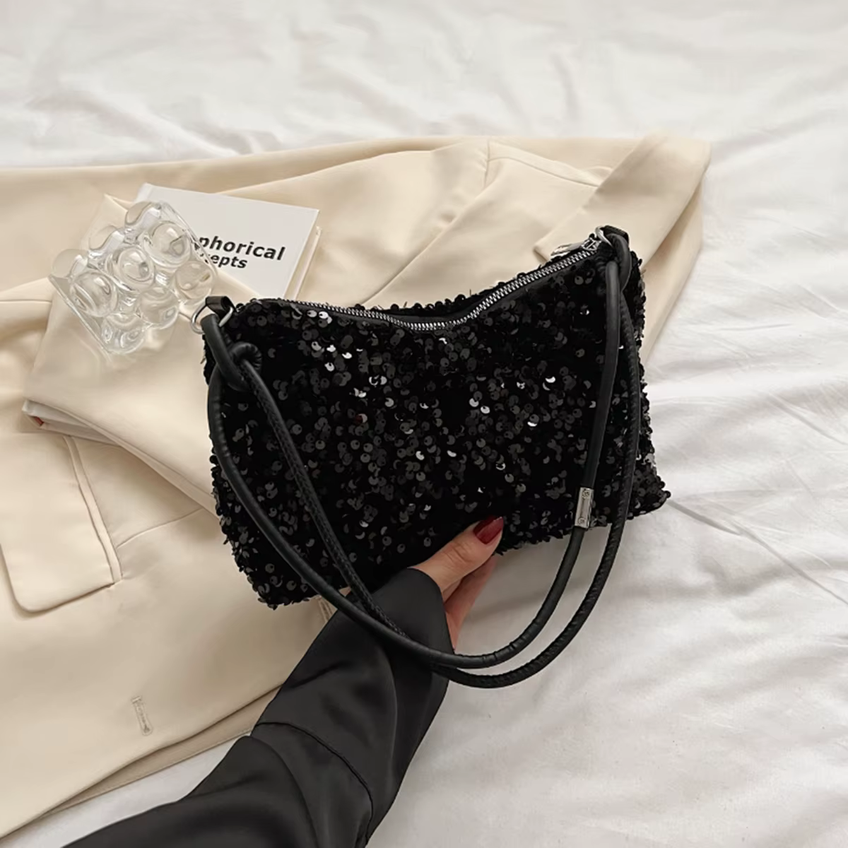 Sac à bandoulière noir Spice Glitter, sac sous les bras, design chic décontracté, sac à bandoulière,