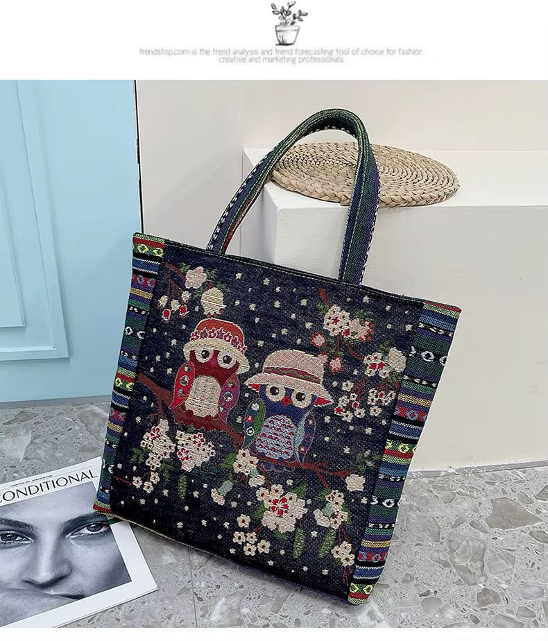 Nouveau sac à main hibou mode femme tissu brodé personnalisé Shopping grande capacité une épaule sac