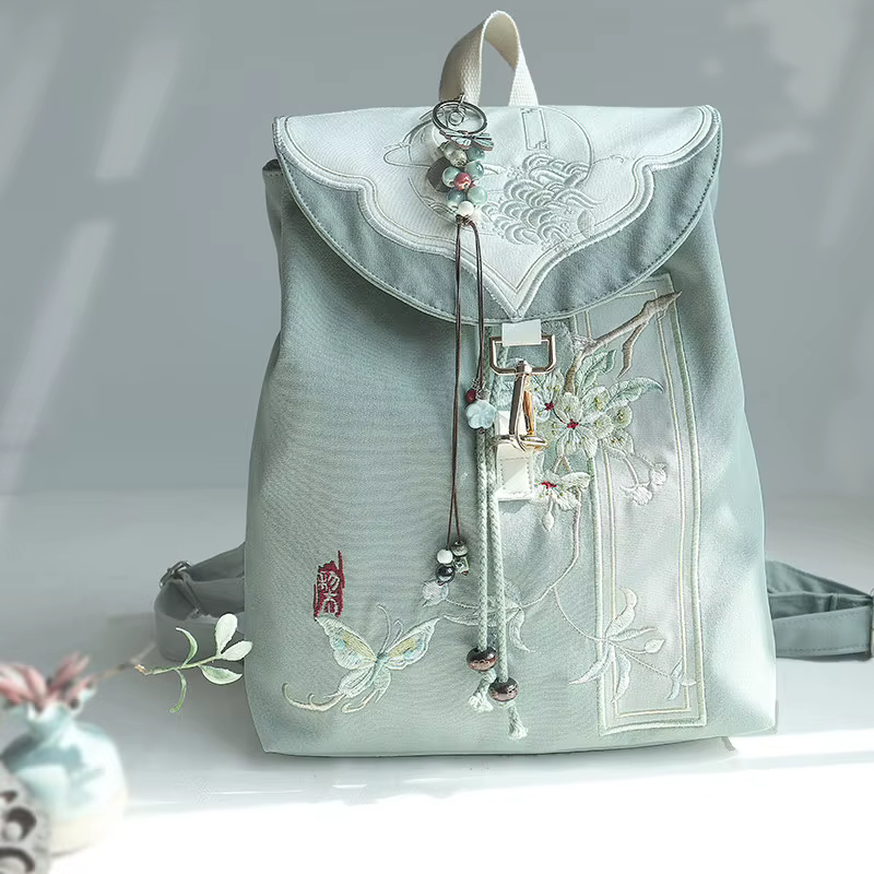 Sac à dos rétro de 15 pouces, style chinois Hanfu, broderie artistique, fermeture éclair, cordon de 